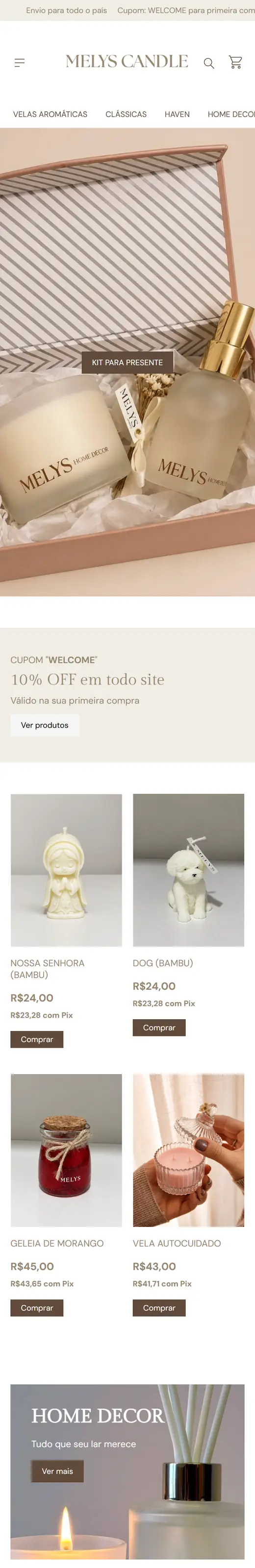 Loja Melys Candle no celular, com velas e kits para presente